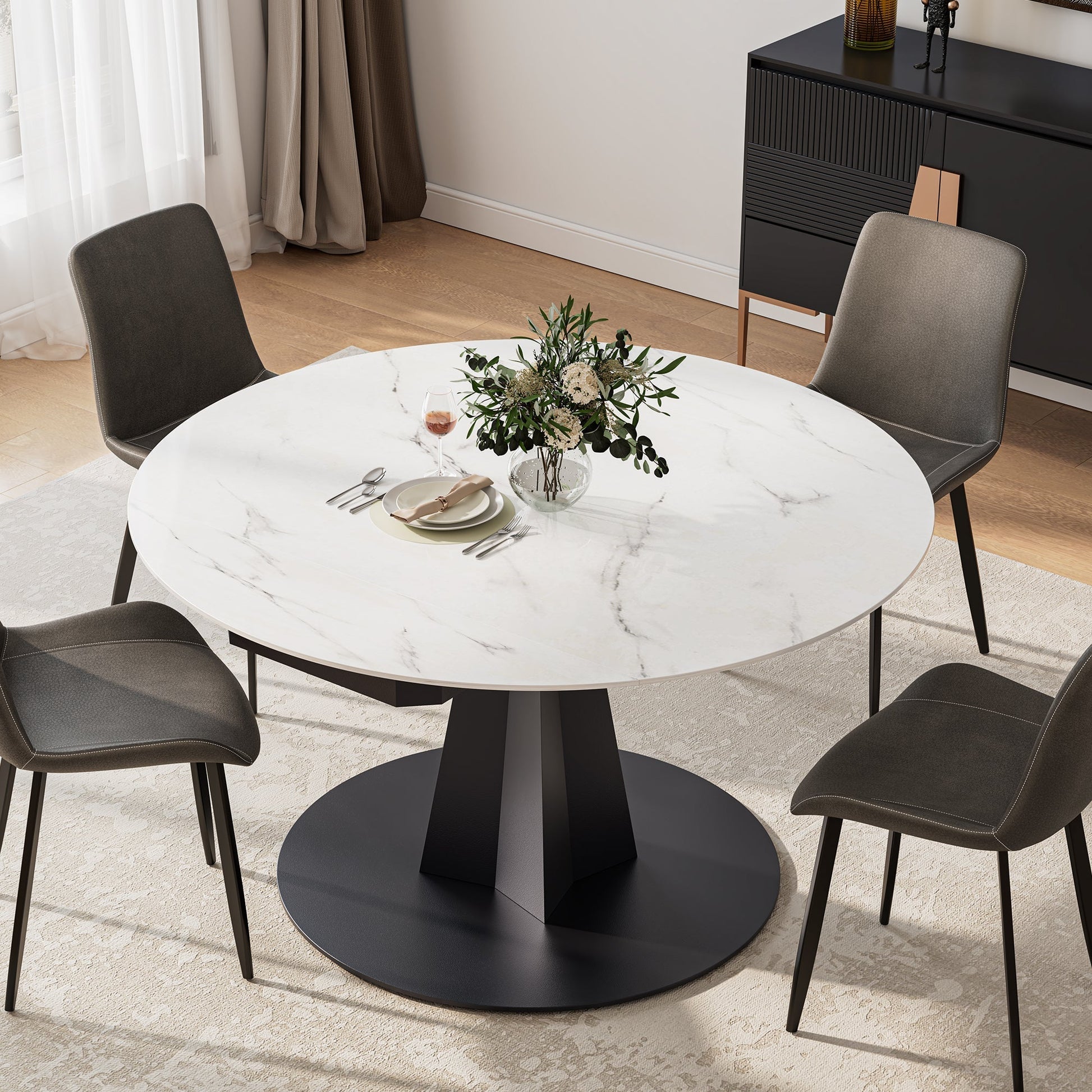 53" Round Extending Dining Table with Black Base