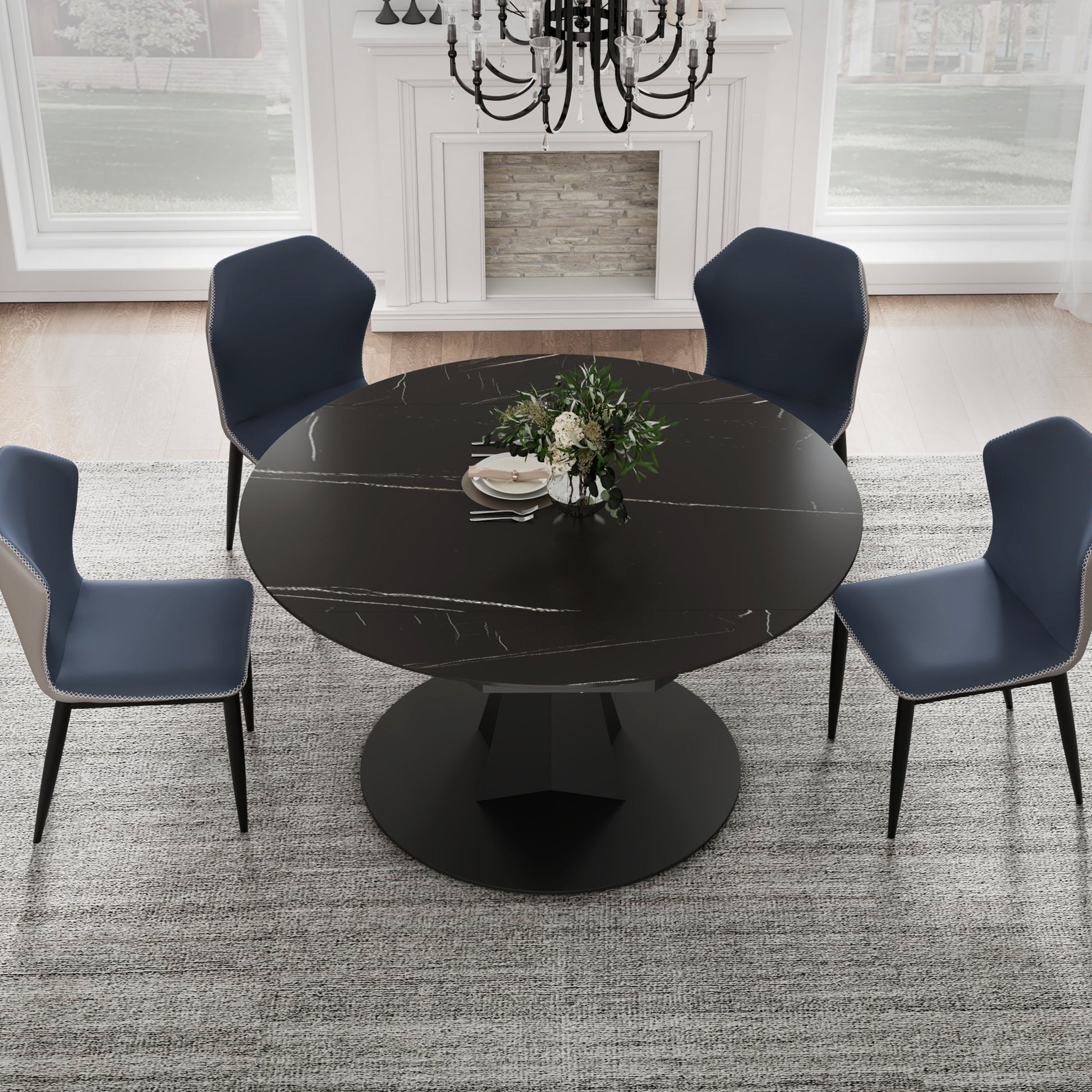 53" Round Extending Dining Table with Black Base
