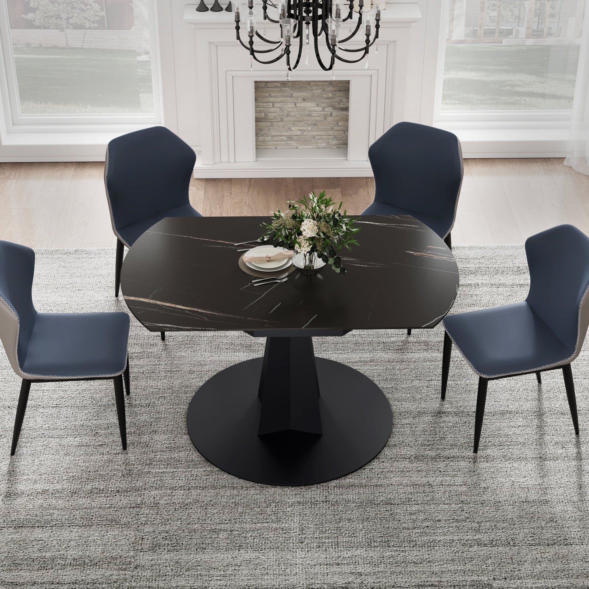 53" Round Extending Dining Table with Black Base