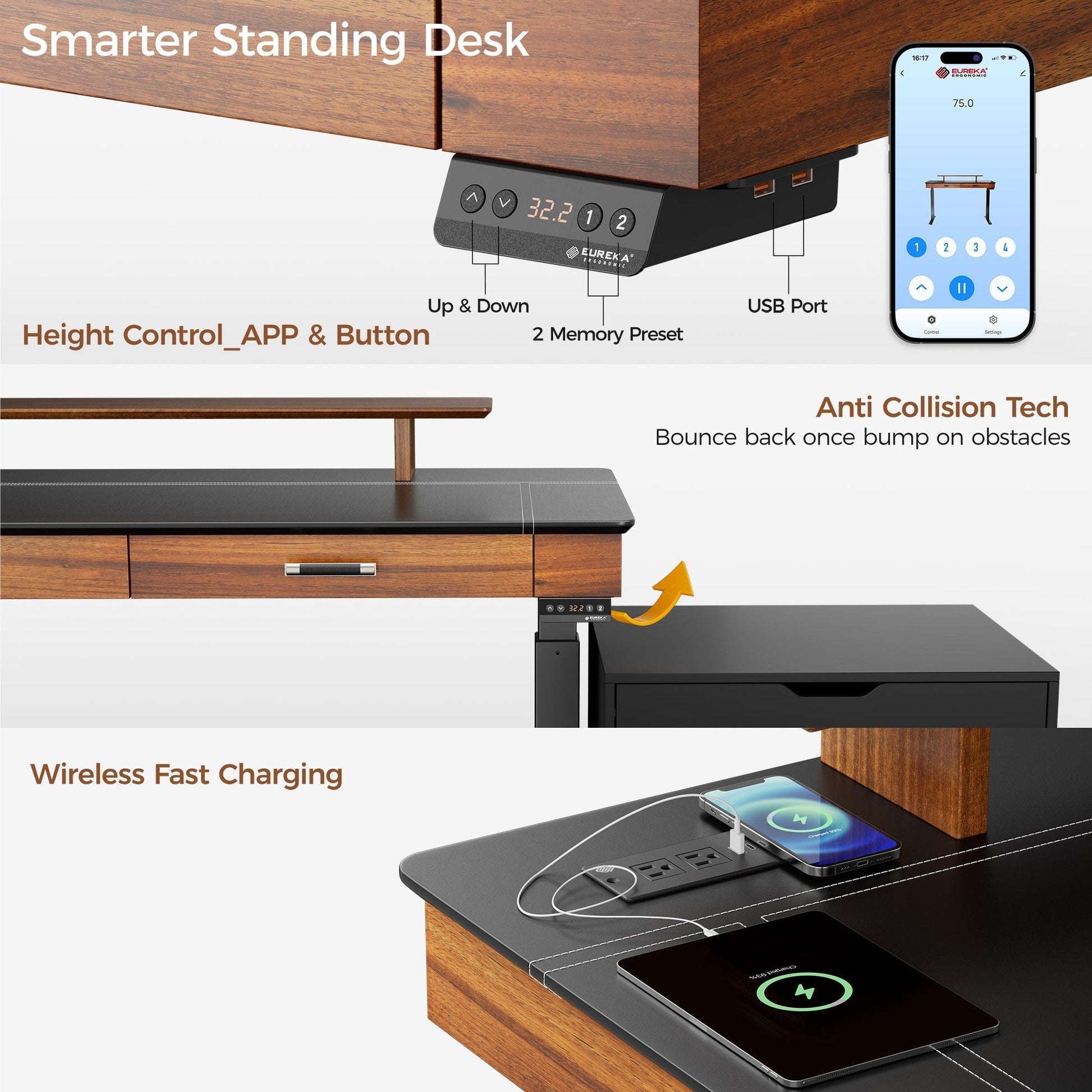 55x23 Standing Desk with Drawers, Leather Finish