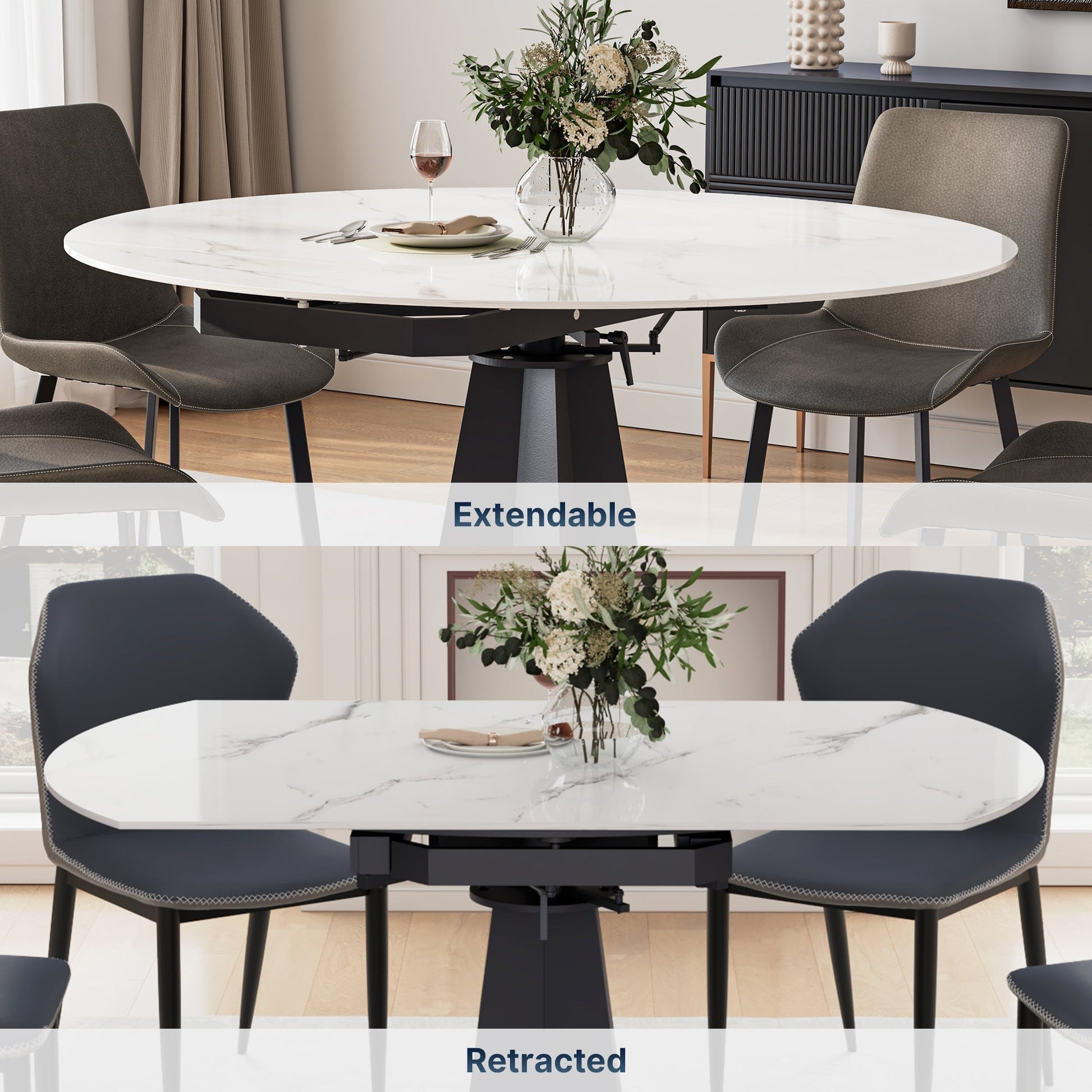 53" Round Extending Dining Table with Black Base
