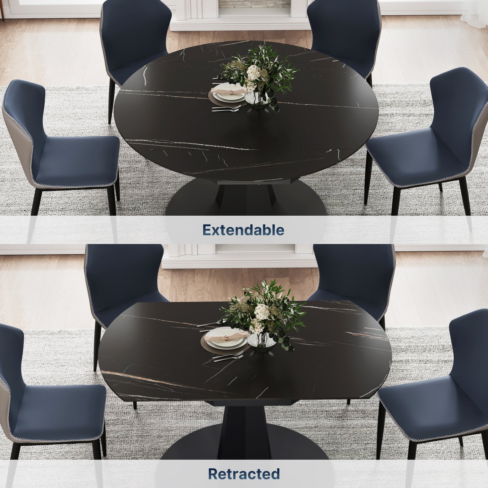 53" Round Extending Dining Table with Black Base