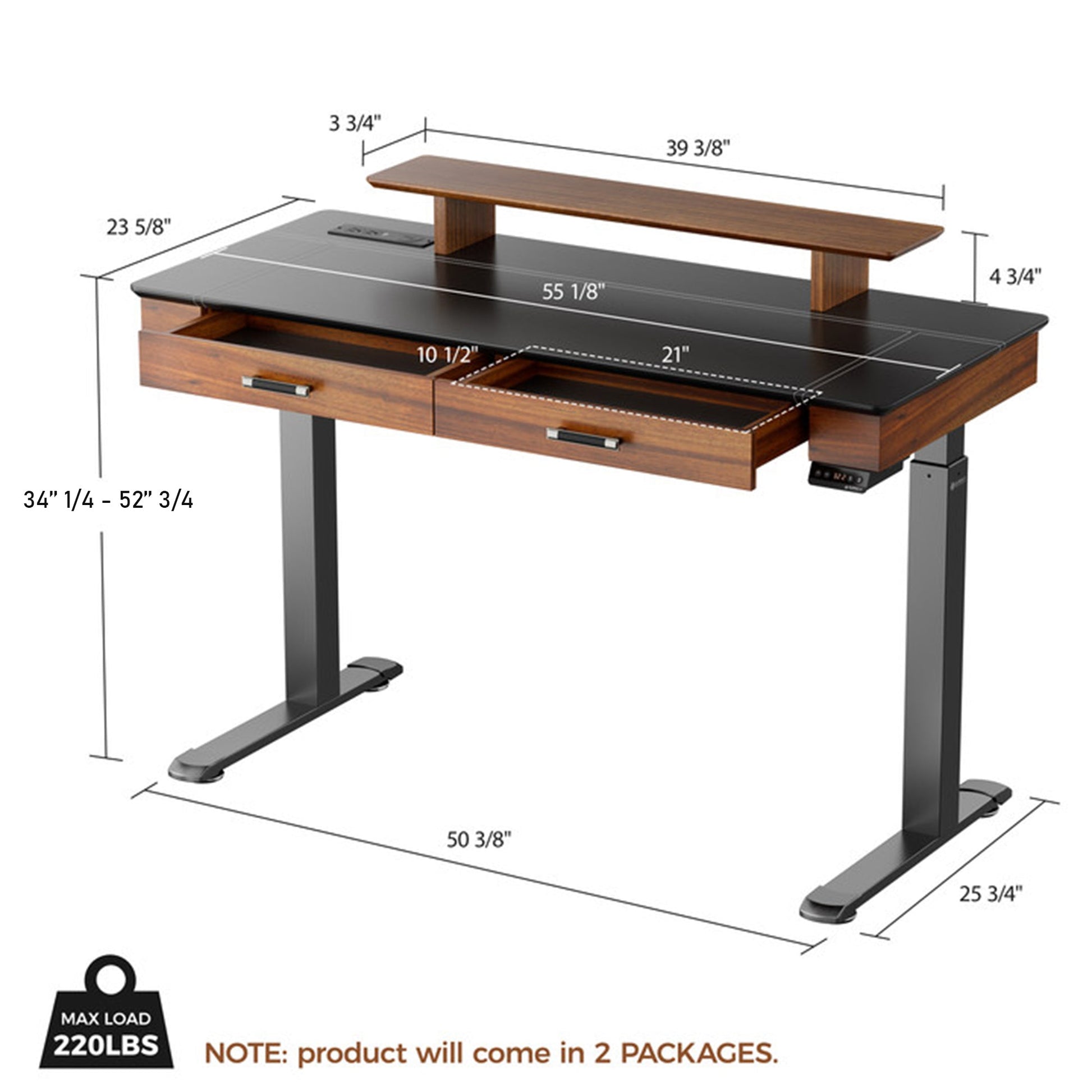55x23 Standing Desk with Drawers, Leather Finish