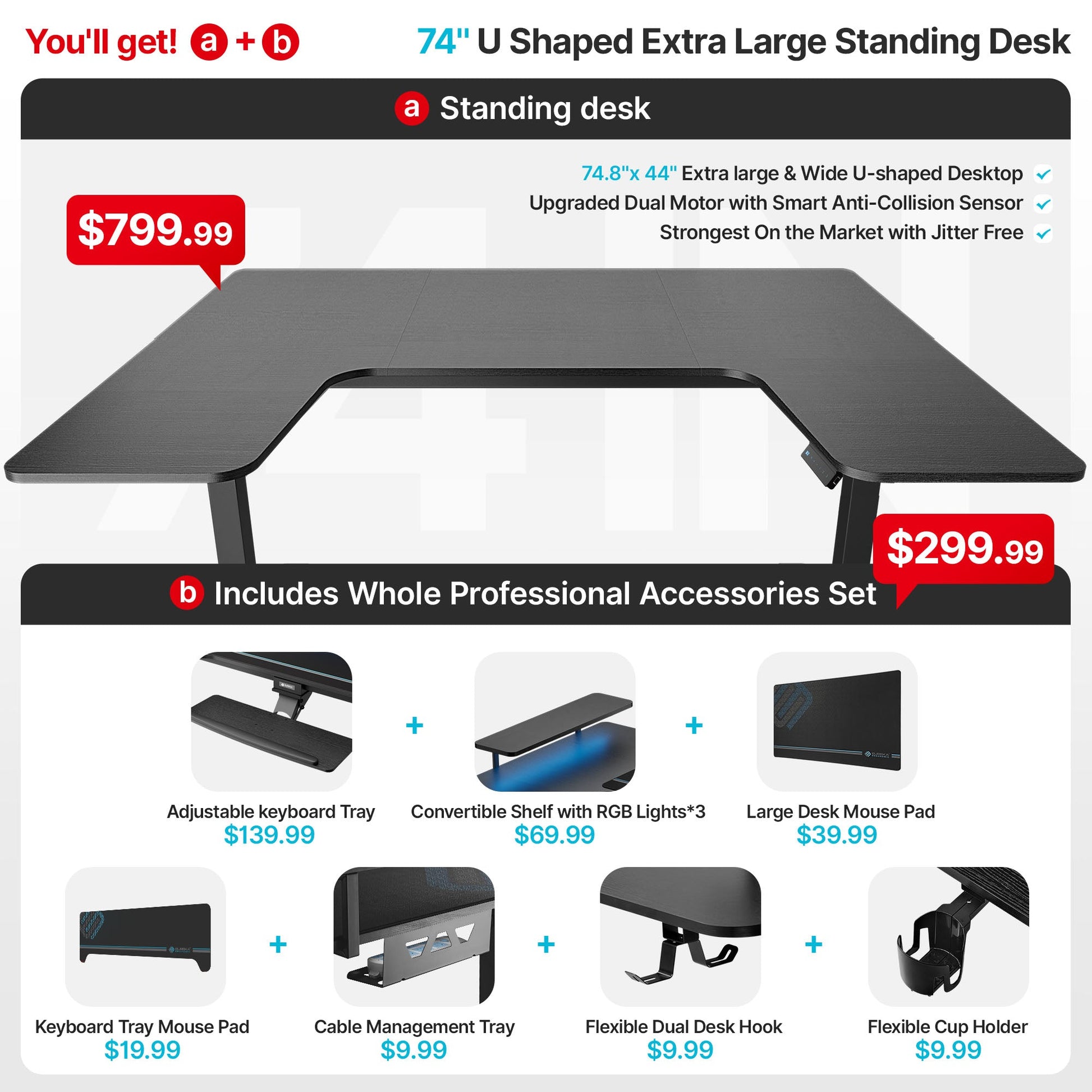 74x23 U-Shaped Standing Desk with Accessories Set