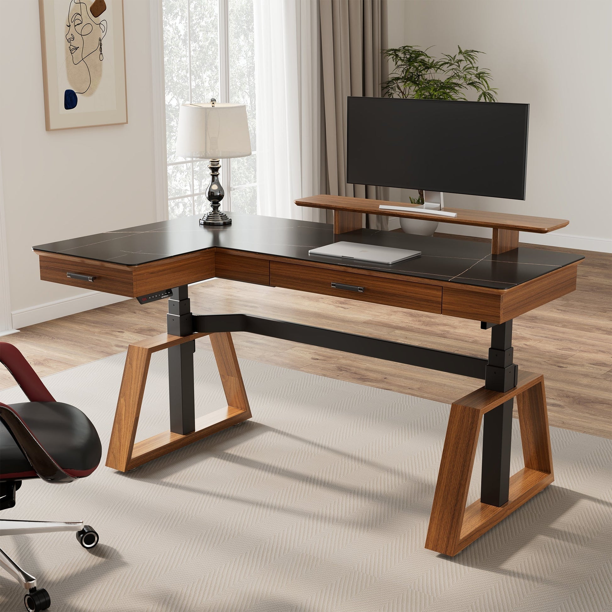 Ark L60, 63x23 L Shaped Executive Slate Standing Desk with Two-Drawer