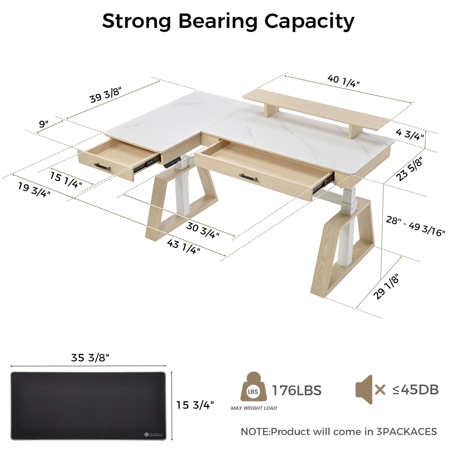 Ark L60, 63x23 L Shaped Executive Slate Standing Desk with Two-Drawer