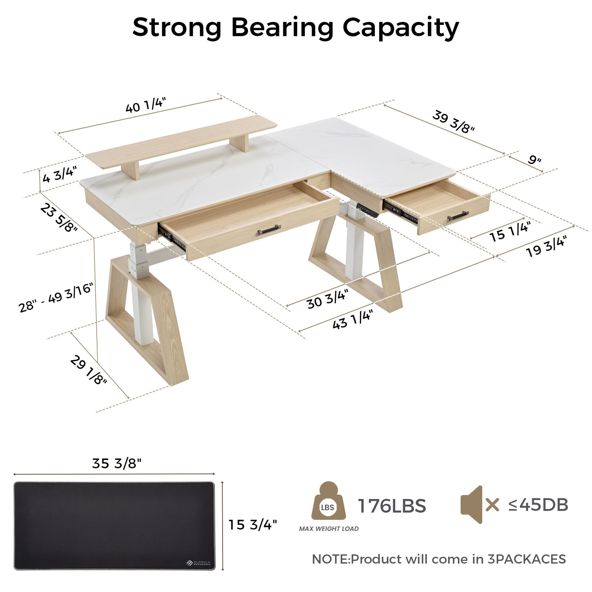 Ark L60, 63x23 L Shaped Executive Slate Standing Desk with Two-Drawer