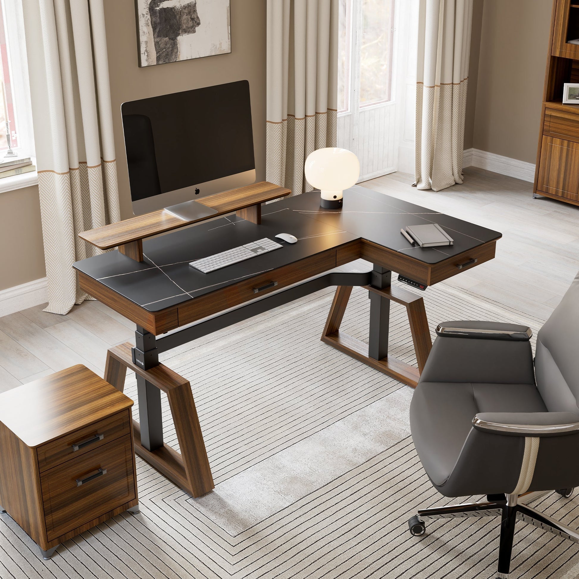 Ark L60, 63x23 L Shaped Executive Slate Standing Desk with Two-Drawer