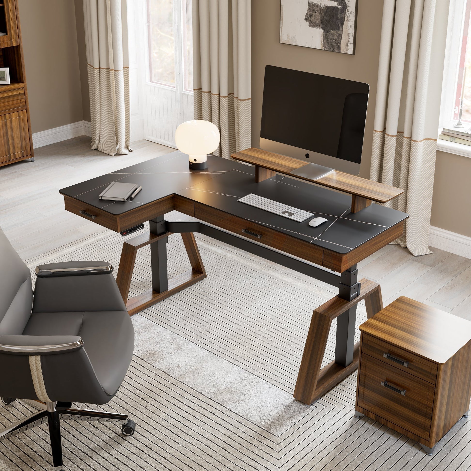 Ark L60, 63x23 L Shaped Executive Slate Standing Desk with Two-Drawer