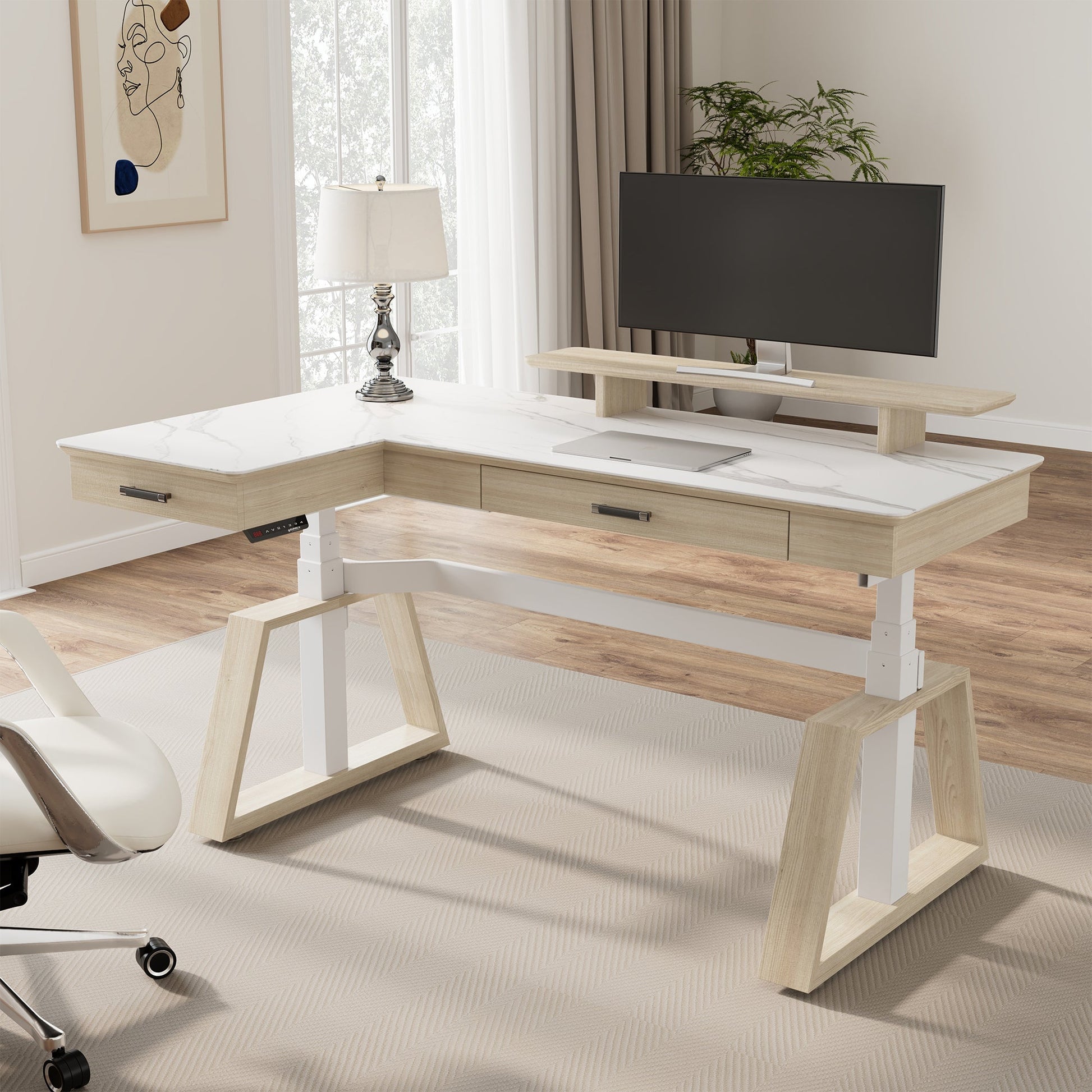 Ark L60, 63x23 L Shaped Executive Slate Standing Desk with Two-Drawer