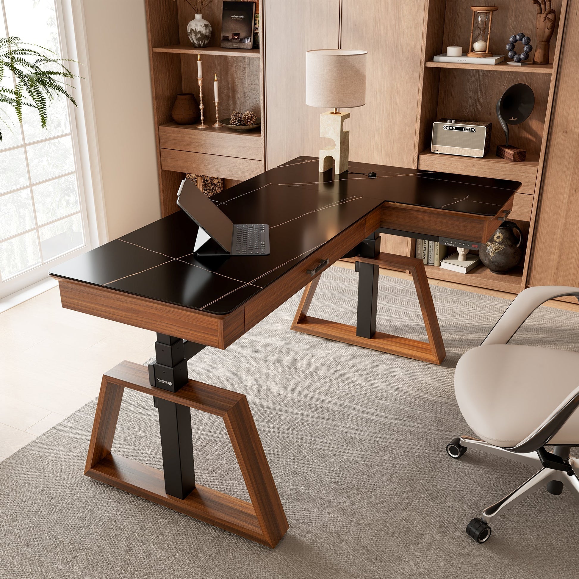 Ark L60, 63x23 L Shaped Executive Slate Standing Desk with Two-Drawer