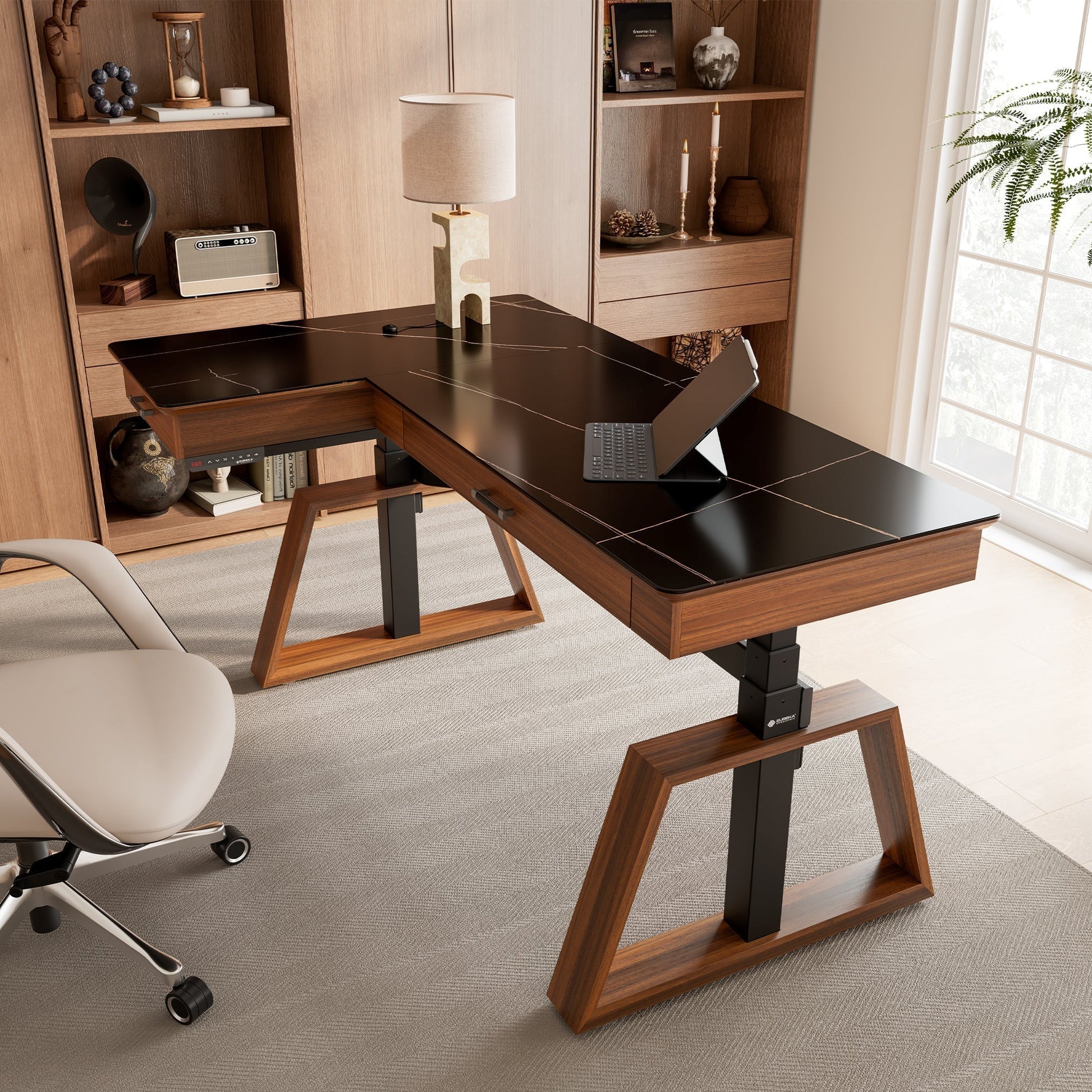 Ark L60, 63x23 L Shaped Executive Slate Standing Desk with Two-Drawer