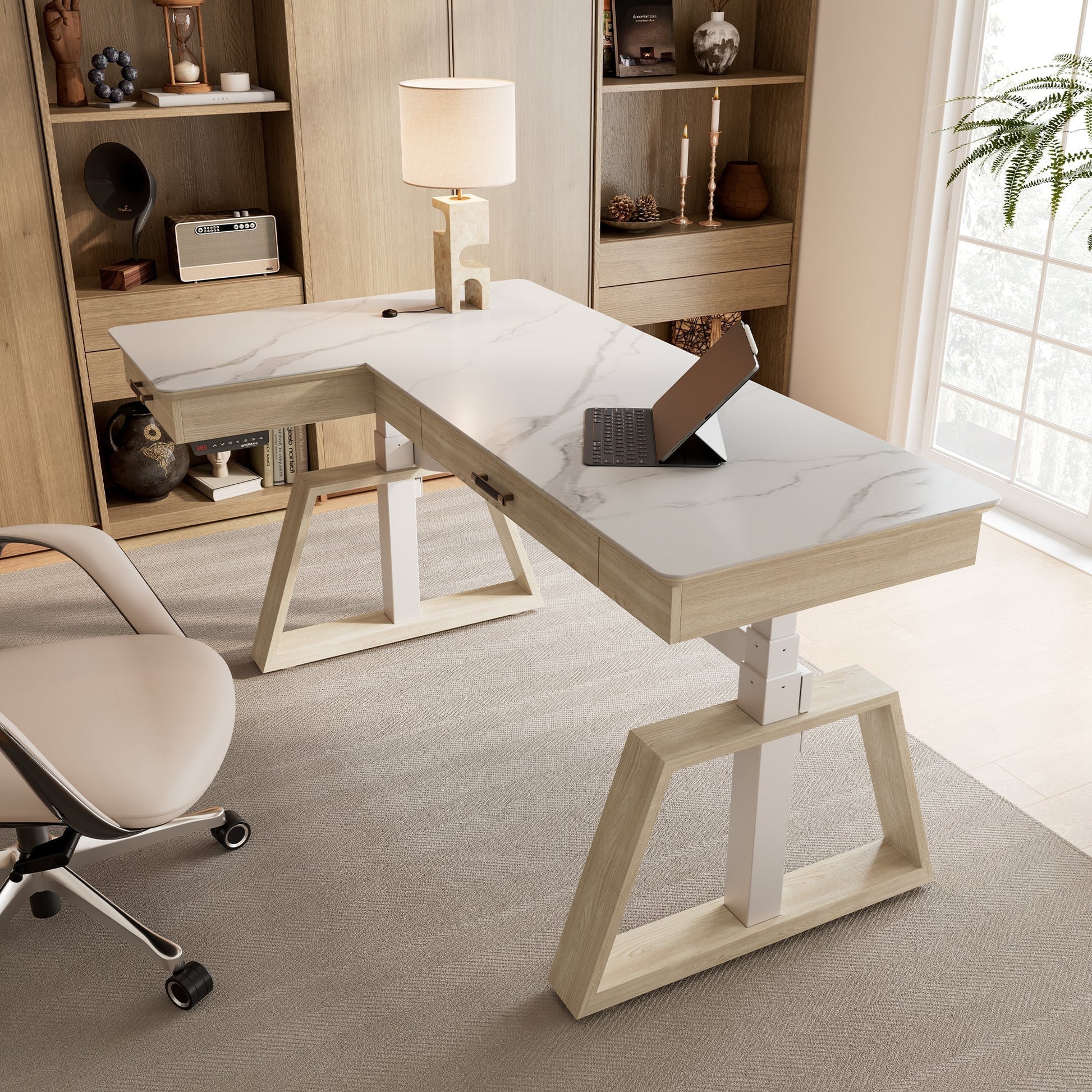 Ark L60, 63x23 L Shaped Executive Slate Standing Desk with Two-Drawer