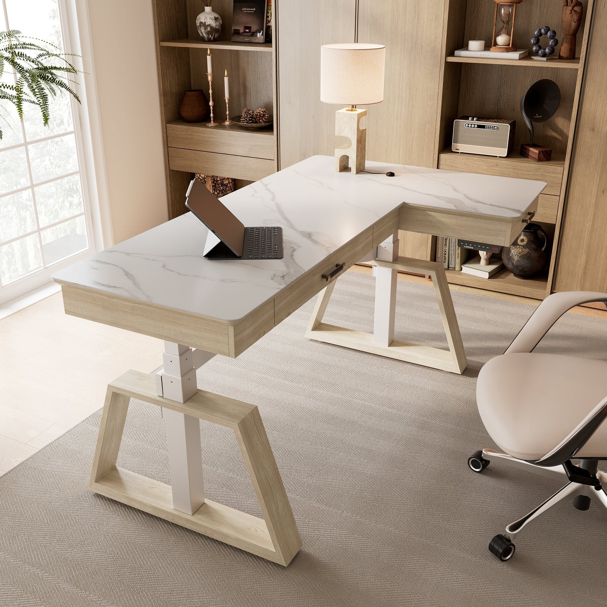 Ark L60, 63x23 L Shaped Executive Slate Standing Desk with Two-Drawer