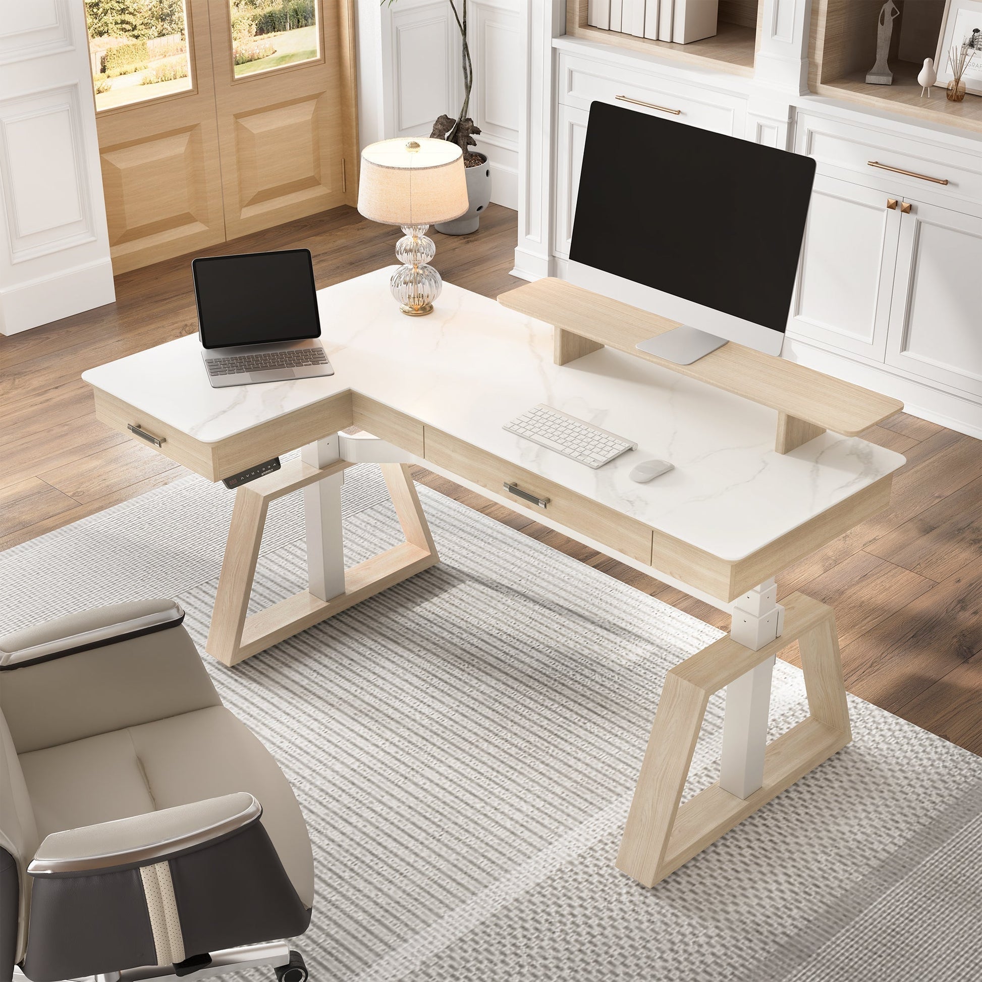 Ark L60, 63x23 L Shaped Executive Slate Standing Desk with Two-Drawer