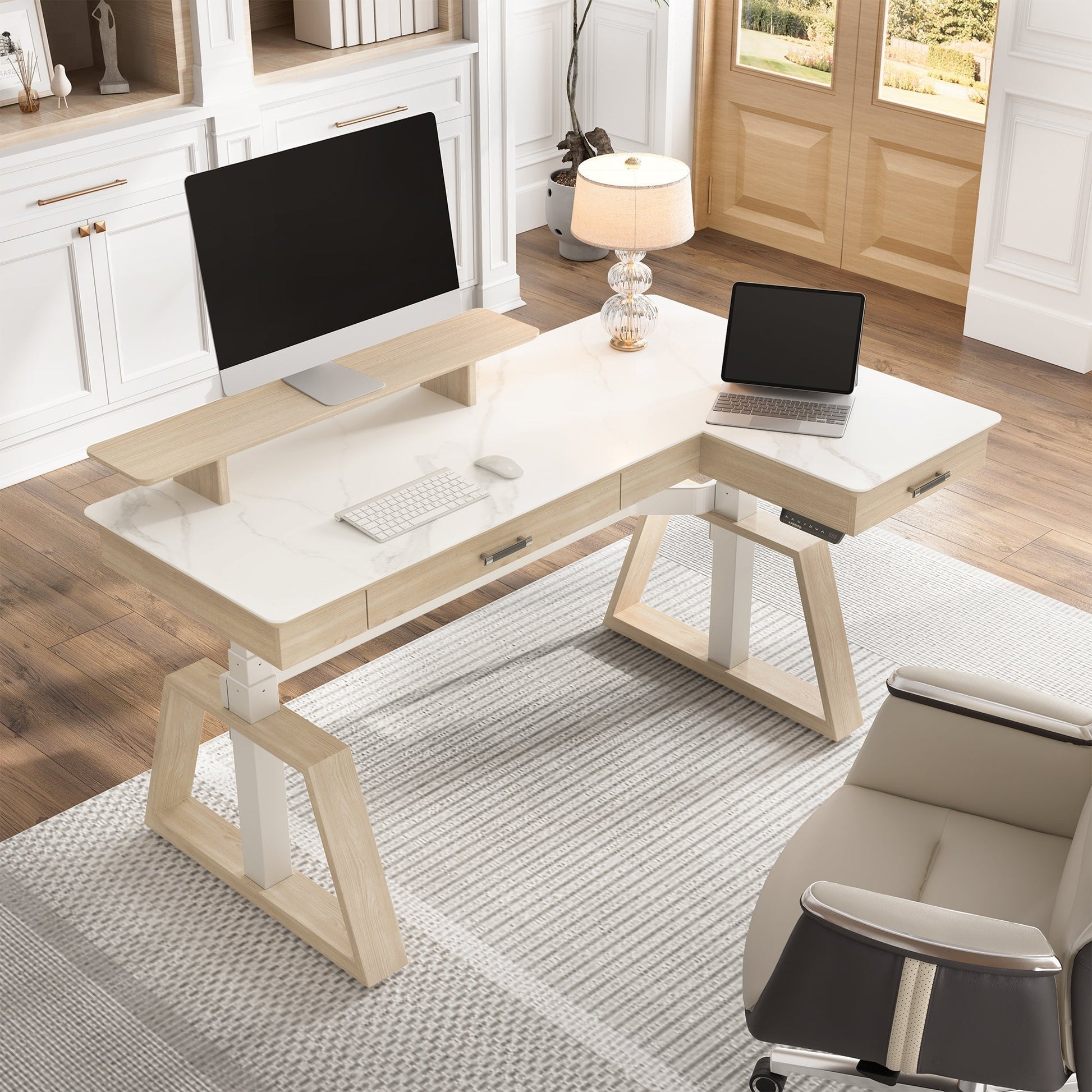 Ark L60, 63x23 L Shaped Executive Slate Standing Desk with Two-Drawer