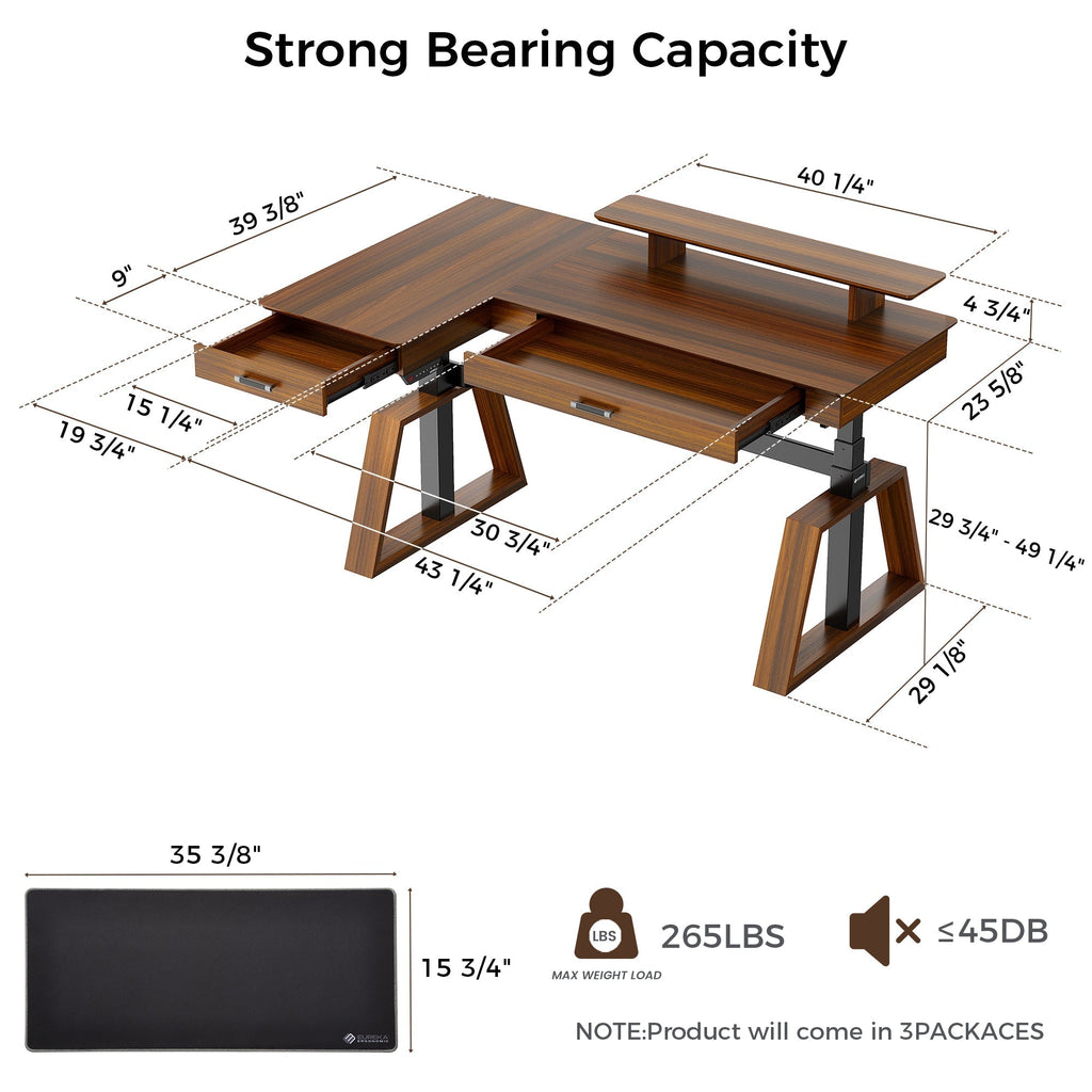 Ark L60, 63x23 L Shaped Executive Standing Desk with Two-Drawer