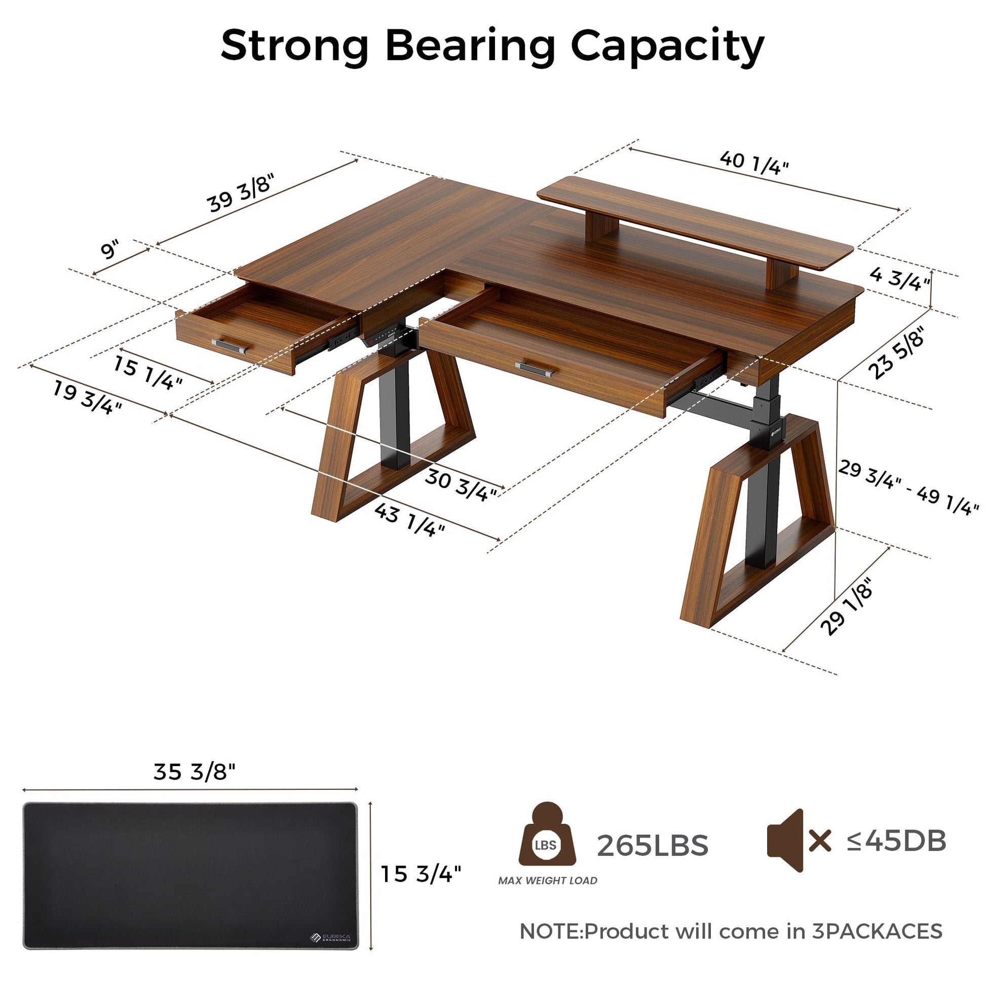 Ark L60, 63x23 L Shaped Executive Standing Desk with Two-Drawer