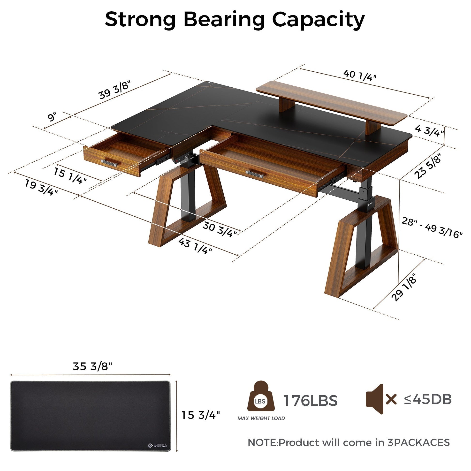 Ark L60, 63x23 L Shaped Executive Slate Standing Desk with Two-Drawer