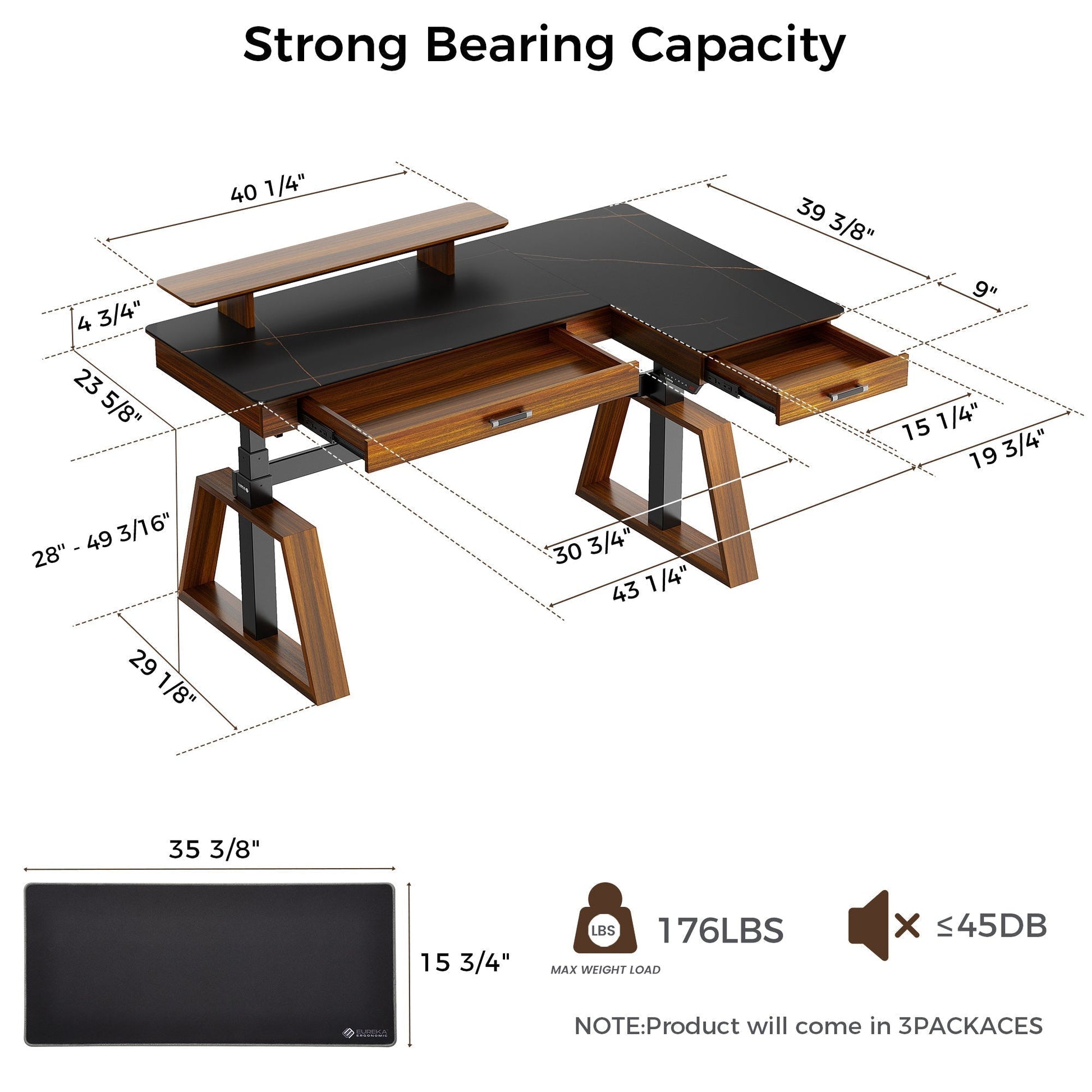 Ark L60, 63x23 L Shaped Executive Slate Standing Desk with Two-Drawer