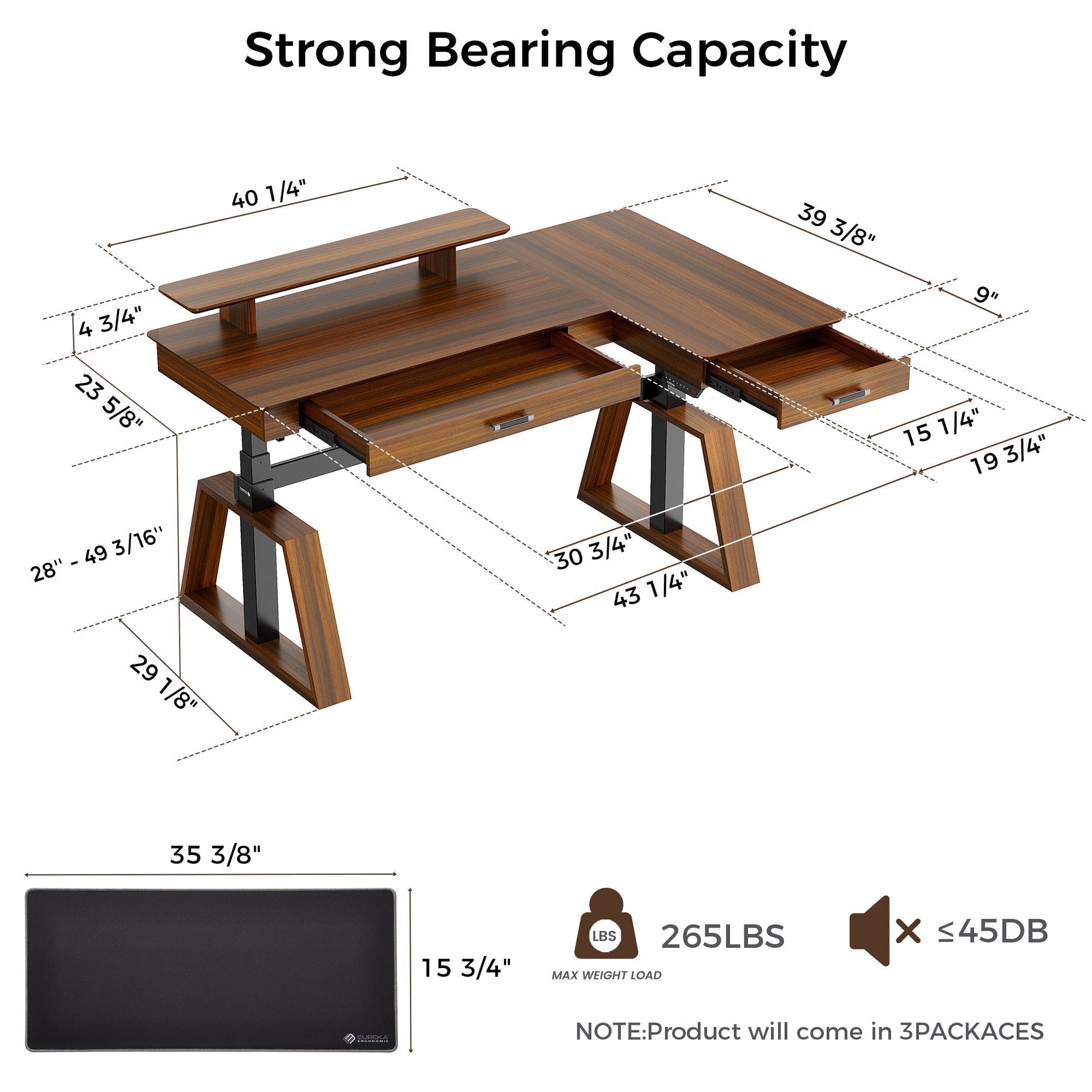 Ark L60, 63x23 L Shaped Executive Standing Desk with Two-Drawer