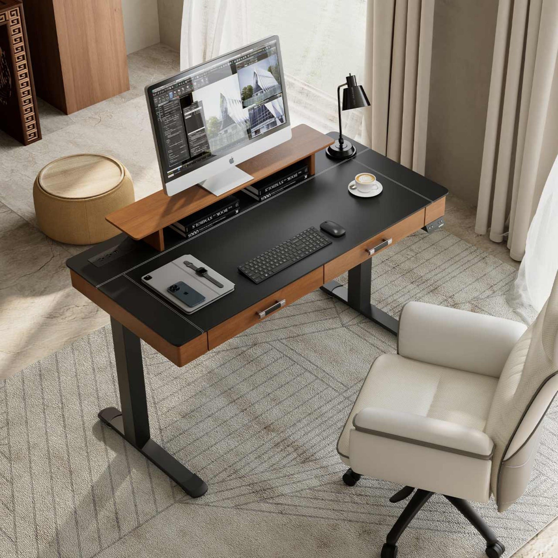55x23 Standing Desk with Drawers, Leather Finish