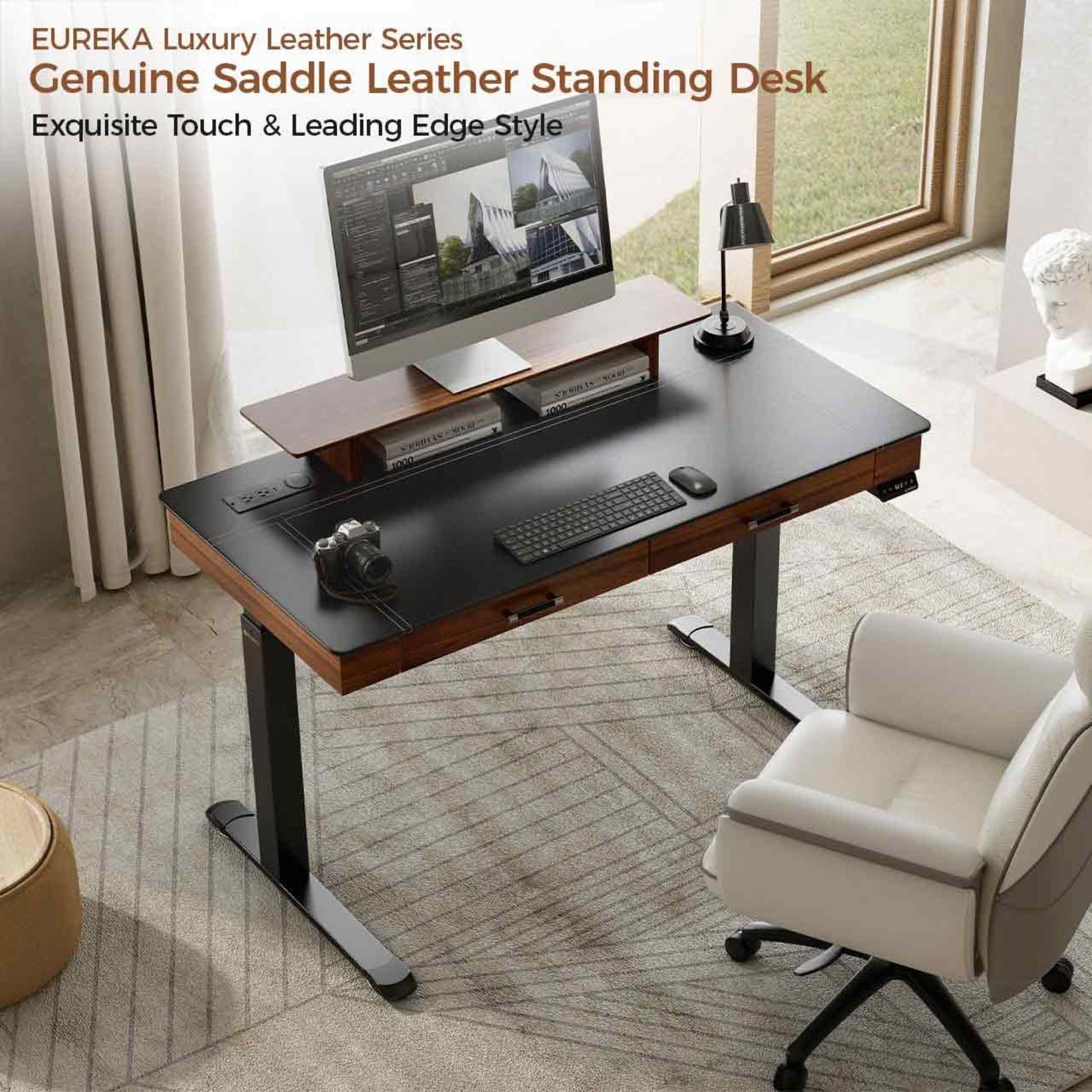 55x23 Standing Desk with Drawers, Leather Finish