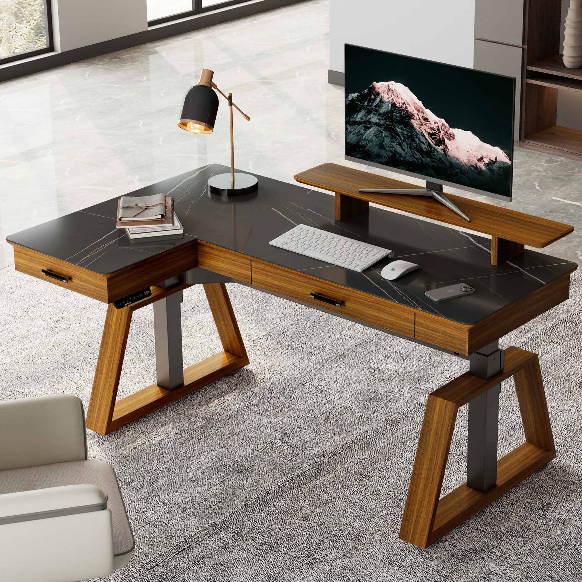 Ark L60, 63x23 L Shaped Executive Slate Standing Desk with Two-Drawer