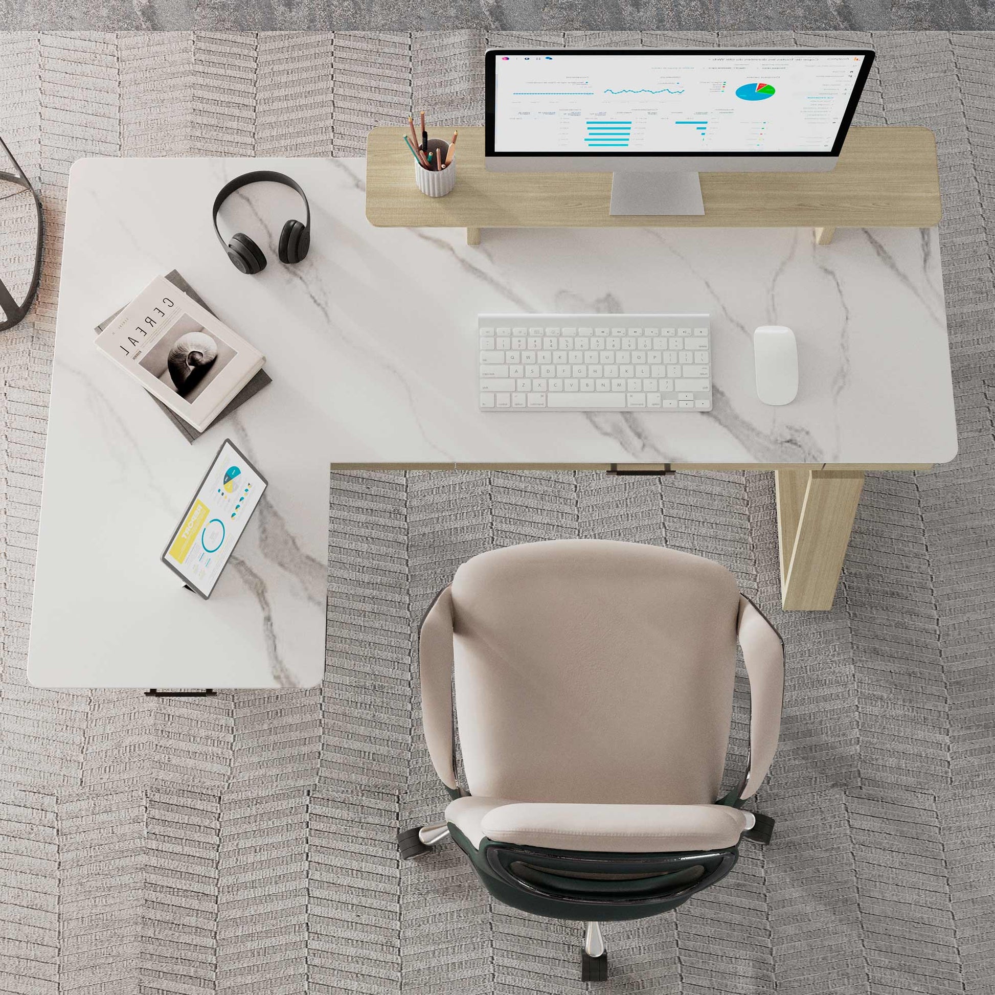 Ark L60, 63x23 L Shaped Executive Slate Standing Desk with Two-Drawer