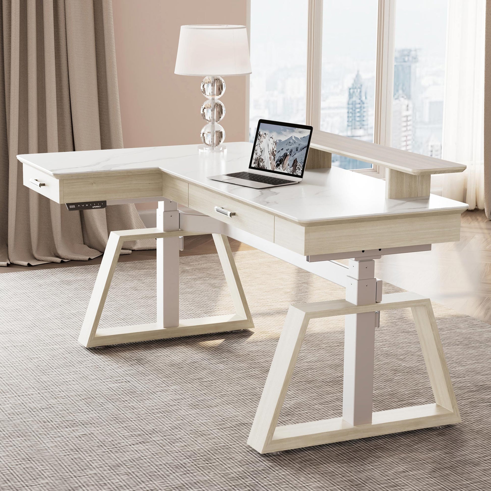 Ark L60, 63x23 L Shaped Executive Slate Standing Desk with Two-Drawer
