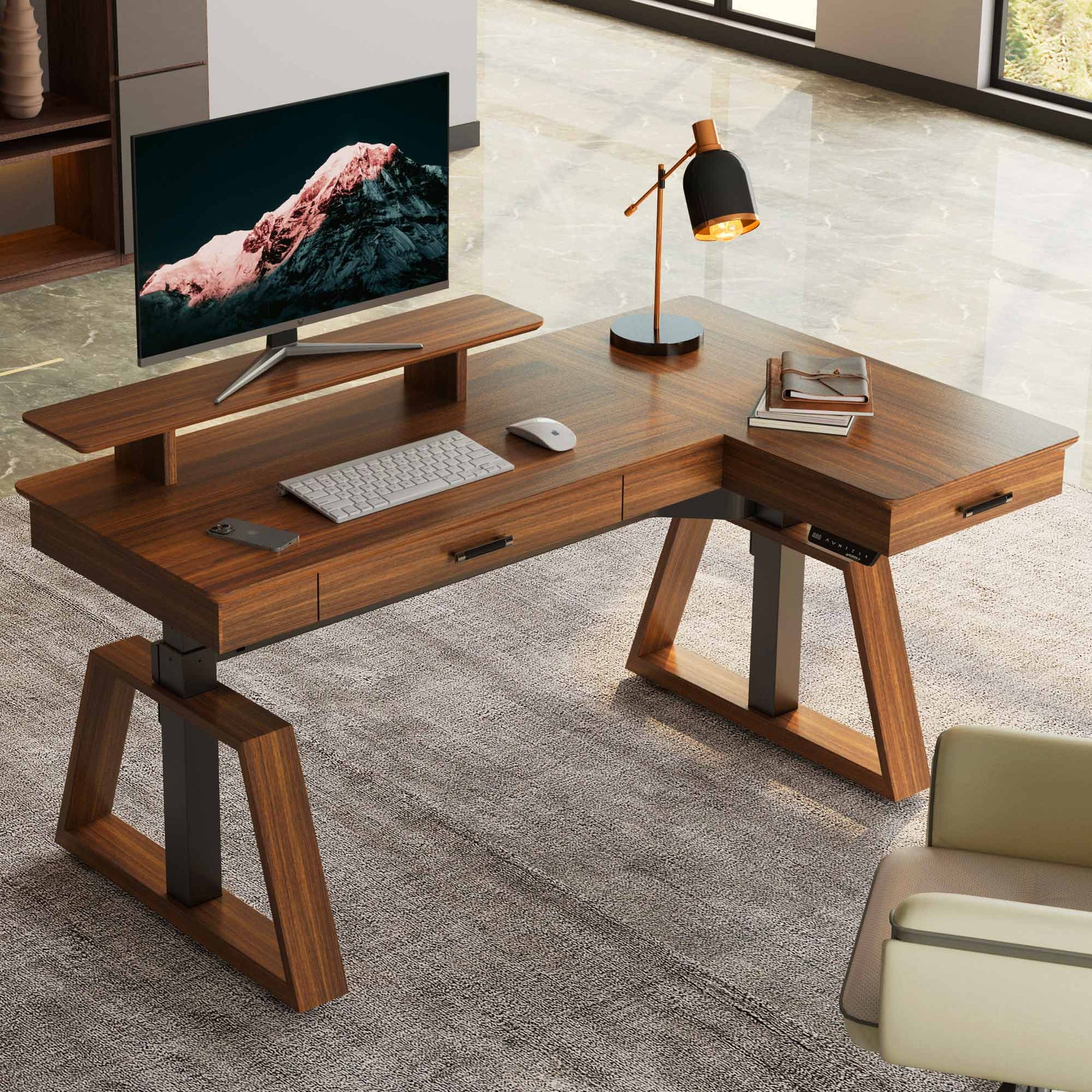 Ark L60, 63x23 L Shaped Executive Standing Desk with Two-Drawer