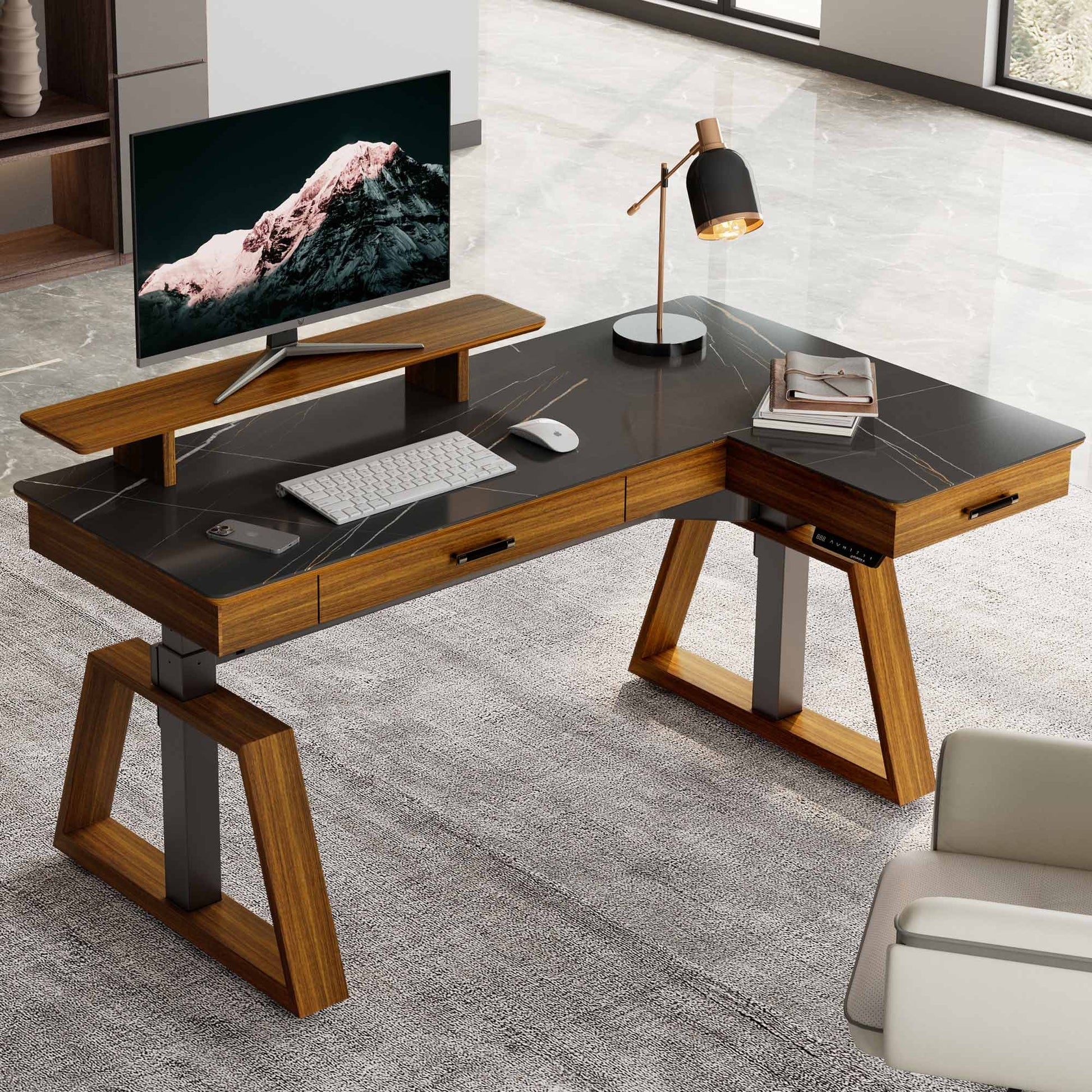 Ark L60, 63x23 L Shaped Executive Slate Standing Desk with Two-Drawer