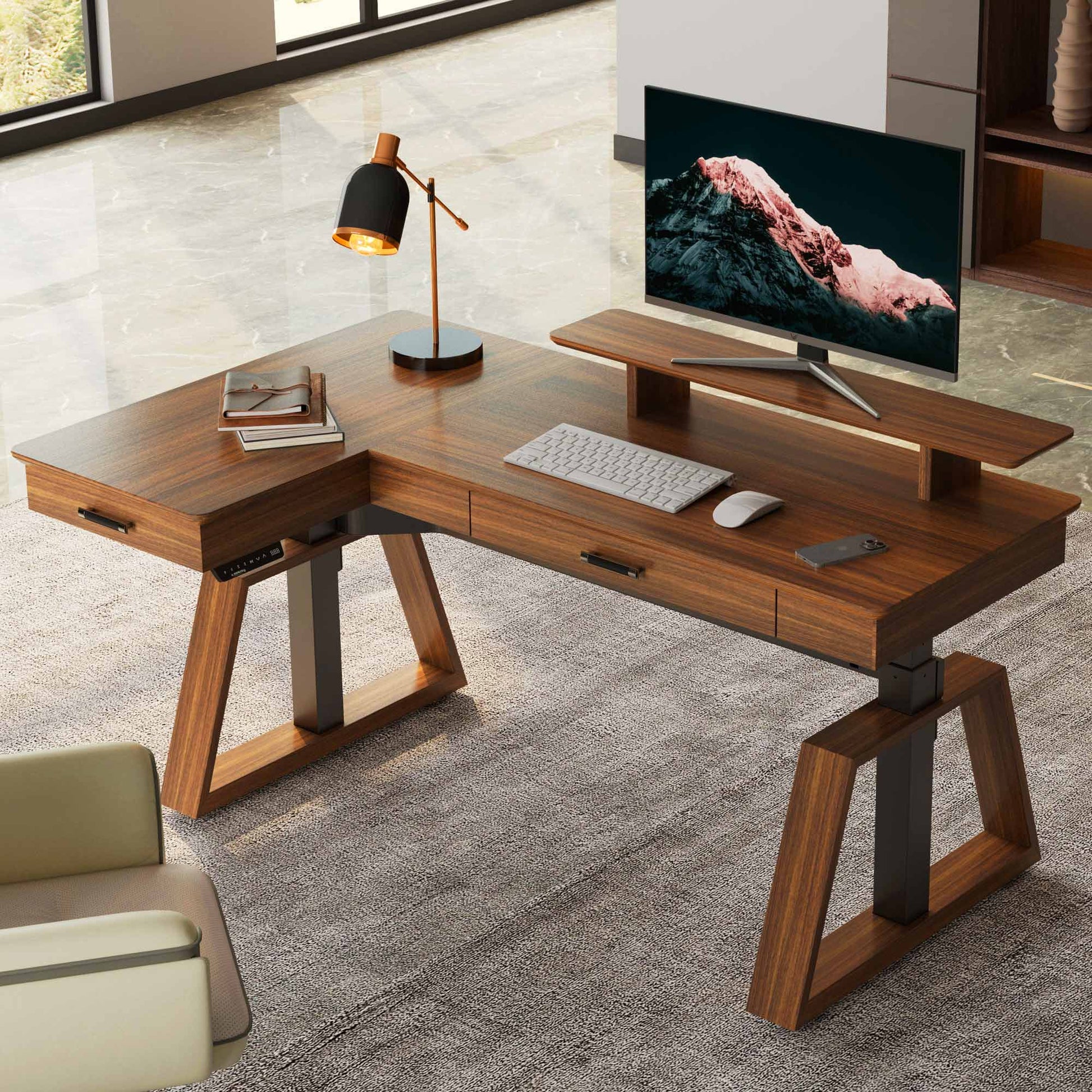 Ark L60, 63x23 L Shaped Executive Standing Desk with Two-Drawer