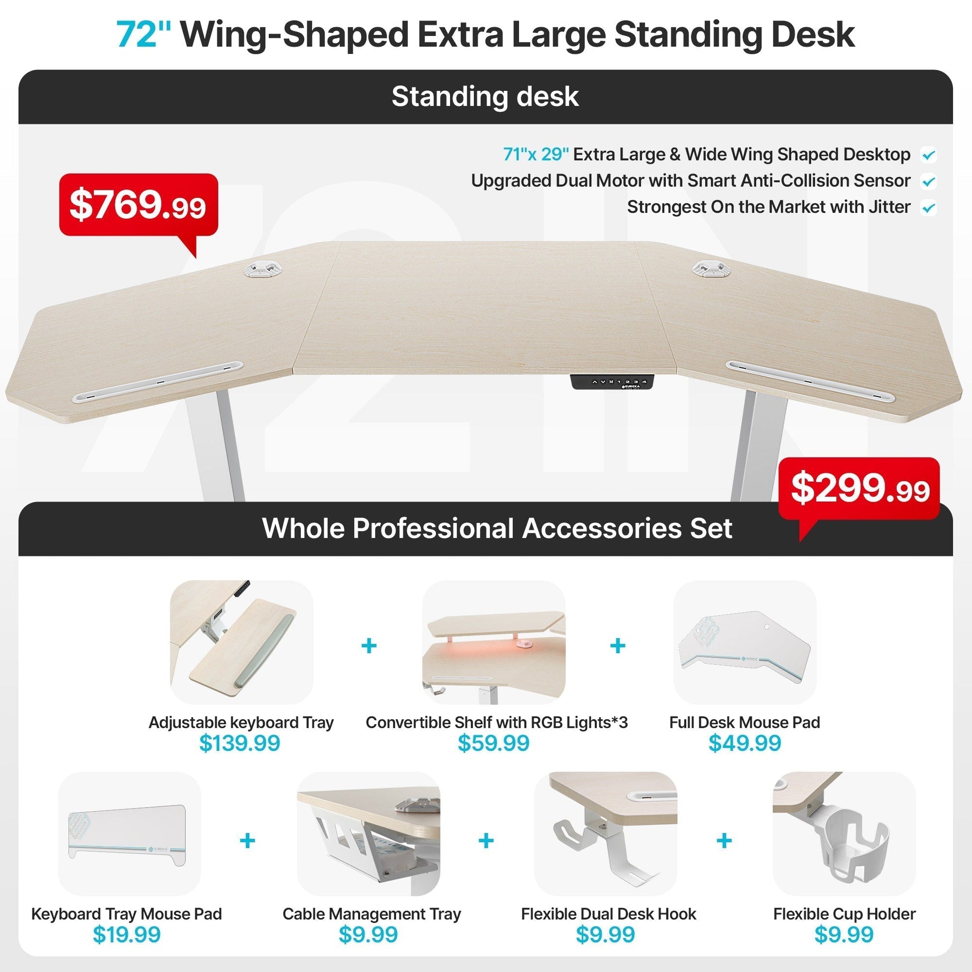Aero Pro, 72x23 Wing Shaped Standing Desk with Accessories Set