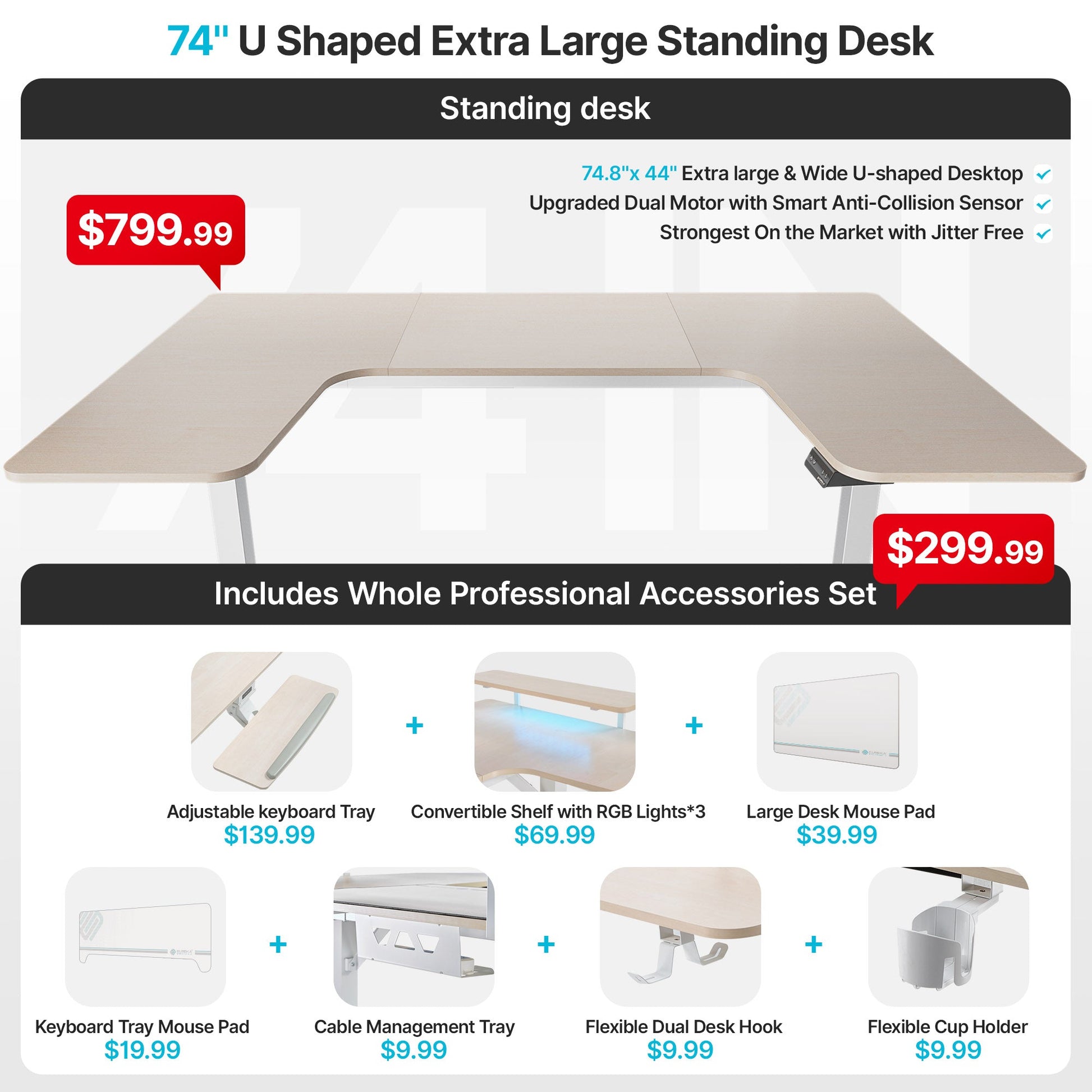 74x23 U-Shaped Standing Desk with Accessories Set
